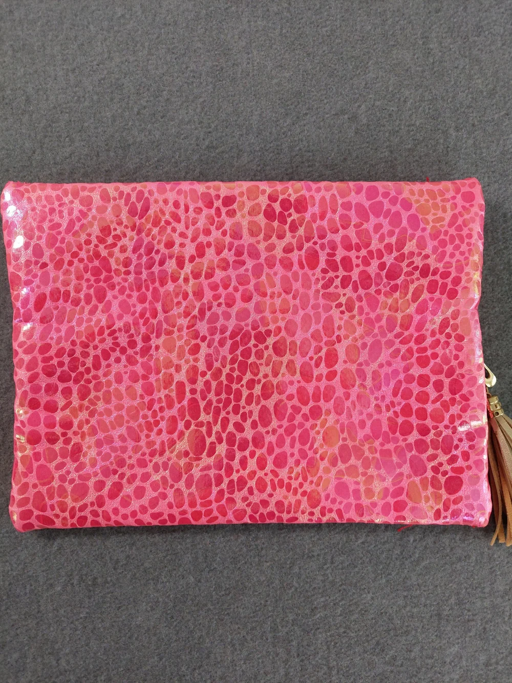 Metallic Hot Pink Textured Multi Zipper Cosmetic Bag Pouch with Peach Patch